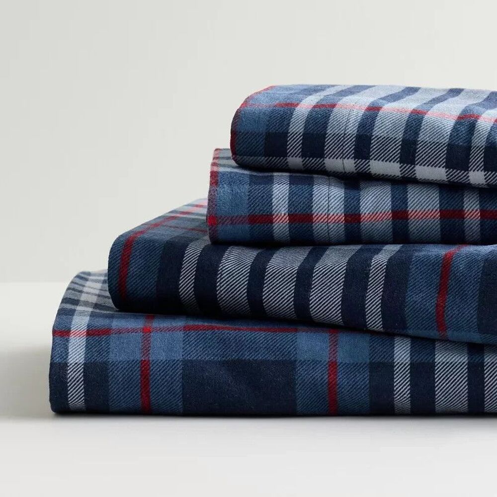 NEW Cuddl Duds King Heavyweight Cotton Flannel Sheet Set Navy And Red Plaid